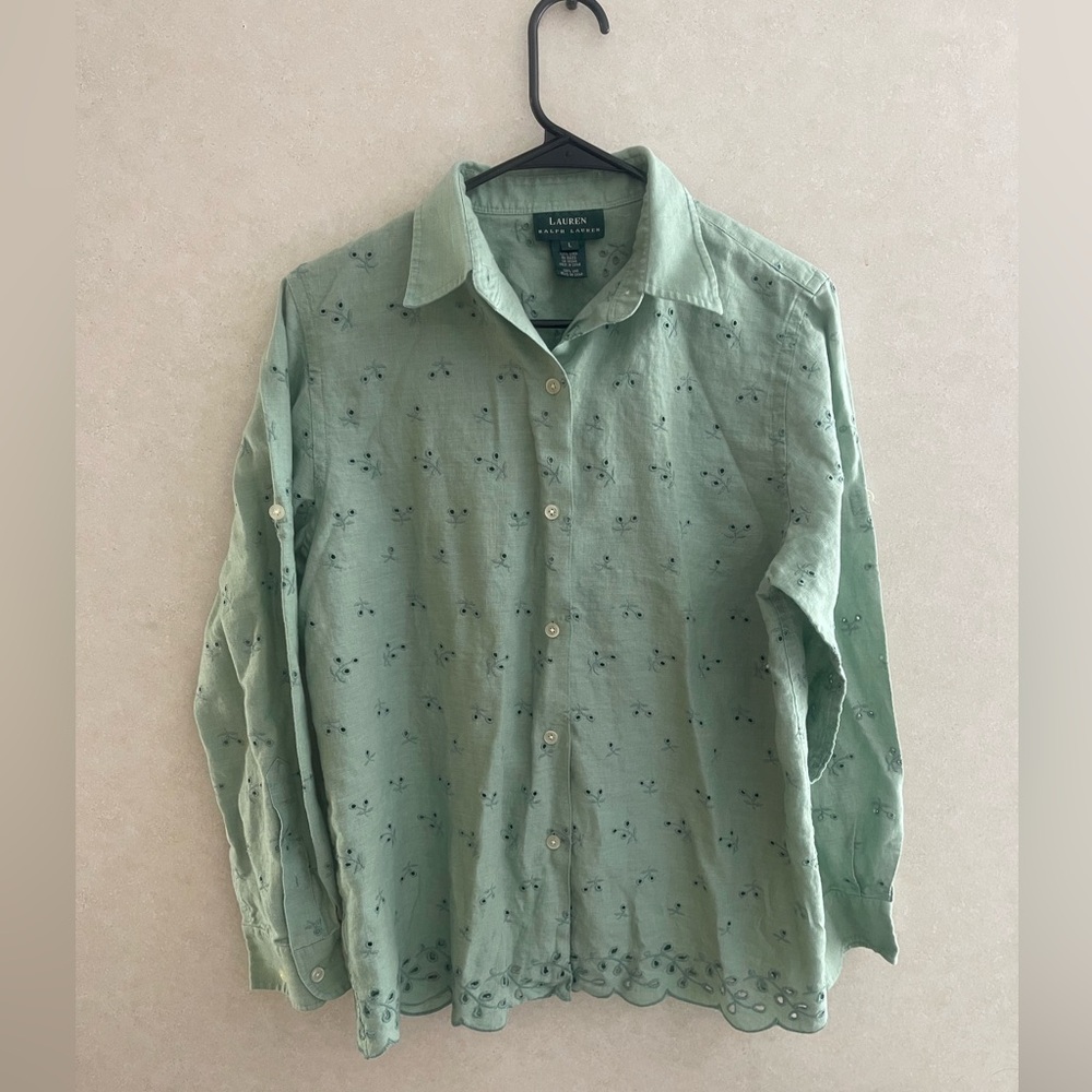 Lauren Ralph Lauren Mint Green 100% Linen Eyelet Embroidered Blouse - L